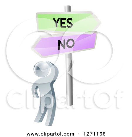 Clipart of a 3d Silver Man Looking up at Yes and No Road Signs - Royalty Free Vector Illustration by AtStockIllustration