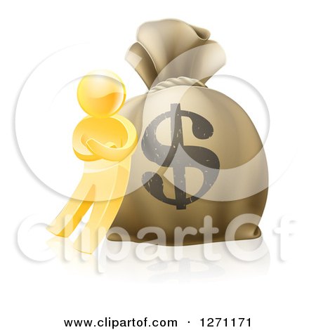 Clipart of a 3d Gold Man Leaning Against a Large Dollar Money Bag - Royalty Free Vector Illustration by AtStockIllustration