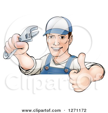 Clipart of a Cartoon Brunette Caucasian Mechanic Man Holding an Adjustable Wrench and Thumb up over a Sign - Royalty Free Vector Illustration by AtStockIllustration