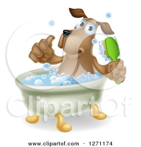 Clipart of a Happy Brown Dog Soaking in a Bath, Giving a Thumb up and Holding a Scrub Brush - Royalty Free Vector Illustration by AtStockIllustration