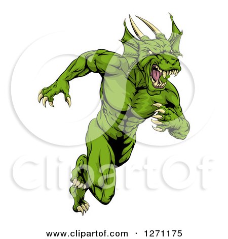 Clipart of a Muscular Aggressive Green Dragon Man Mascot Running Upright - Royalty Free Vector Illustration by AtStockIllustration