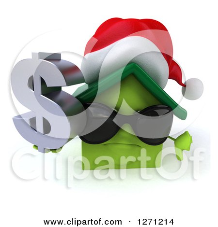 Clipart of a 3d Unhappy Green Christmas House Character Wearing Sunglasses, Holding a Thumb down and Dollar Sign 2 - Royalty Free Illustration by Julos