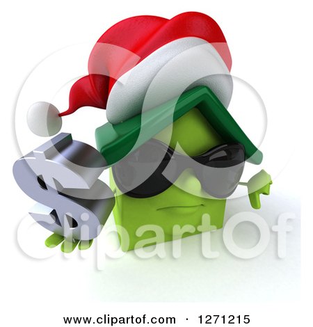 Clipart of a 3d Unhappy Green Christmas House Character Wearing Sunglasses, Holding a Thumb down and Dollar Sign - Royalty Free Illustration by Julos