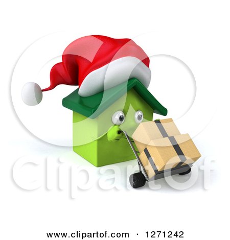 Clipart of a 3d Happy Green Christmas House Character Moving Boxes on a Dolly - Royalty Free Illustration by Julos