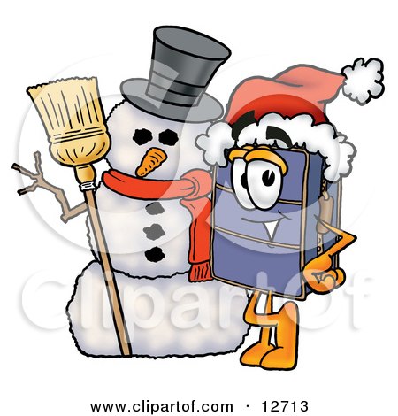 Clipart Picture of a Suitcase Cartoon Character With a Snowman on Christmas by Mascot Junction