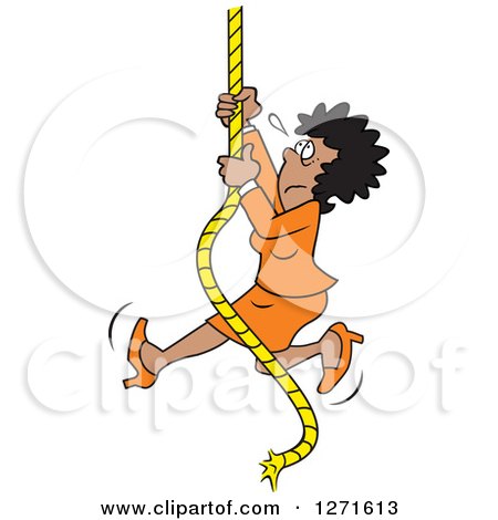 Clipart of a Frightened Uncertain Black Woman Climbing an Upward Mobility Rope - Royalty Free Vector Illustration by Johnny Sajem