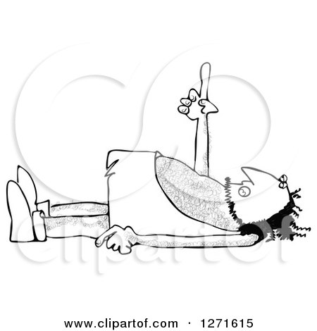Clipart of a Black and White Caveman Laying on His Back and Poinging Upwards - Royalty Free Vector Illustration by djart