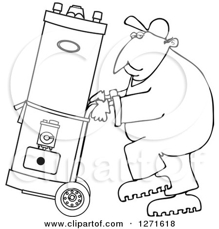 Clipart of a Black and White Worker Man Moving a Water Heater on a Dolly - Royalty Free Vector Illustration by djart
