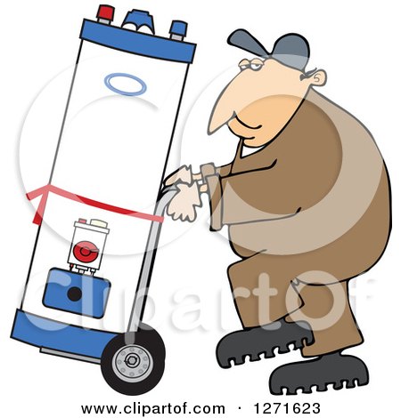 Clipart of a Caucasian Worker Man Moving a Water Heater on a Dolly - Royalty Free Vector Illustration by djart