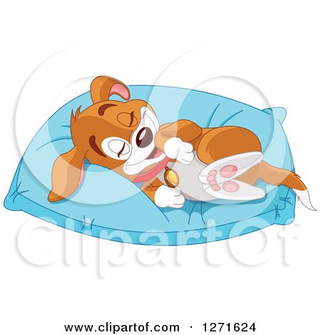 Clipart of a Cute Happy Puppy Dog Resting on a Comfortable Pillow - Royalty Free Vector Illustration by Pushkin