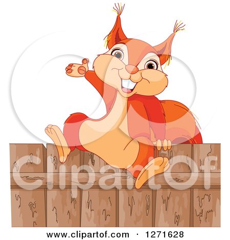 Clipart of a Cute Happy Squirrel Presenting and Sitting on a Wood Fence - Royalty Free Vector Illustration by Pushkin