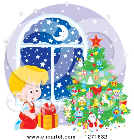 Clipart of a Blond White Boy Gazing at a Gift on Christmas Night - Royalty Free Vector Illustration by Alex Bannykh