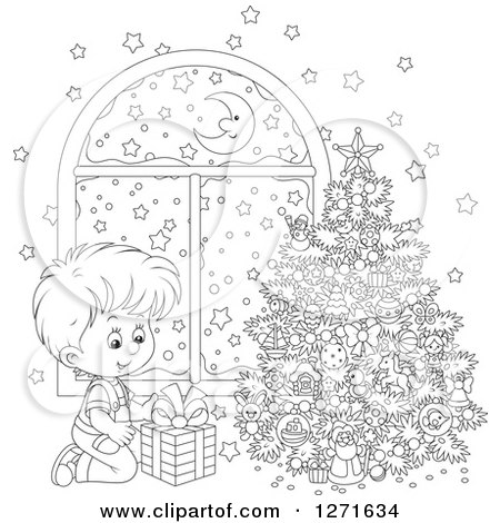 Clipart of a Black and White Boy Gazing at a Gift on Christmas Night - Royalty Free Vector Illustration by Alex Bannykh