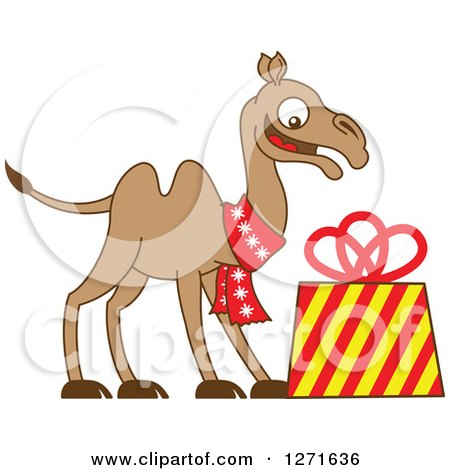 Clipart of a Christmas Camel Wearing a Scarf and Smiling down at a Gift - Royalty Free Vector Illustration by Zooco