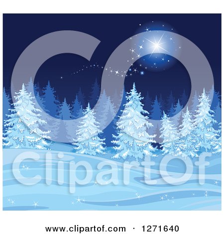 Clipart of a Blue Christmas Background of a Magical Star over Snow and Flocked Trees at Night - Royalty Free Vector Illustration by Pushkin