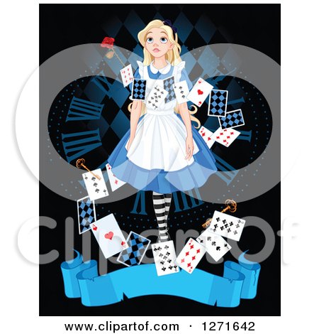 Clipart of a Alice in Wonderland Looking Upwards over a Clock Keys and Playing Cards, with a Blue Banner on Black - Royalty Free Vector Illustration by Pushkin