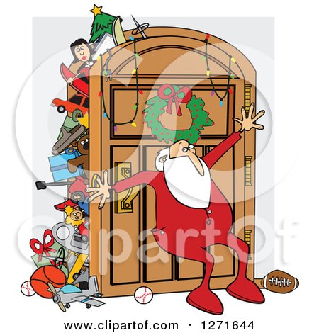 Clipart of a Santa Claus in His Pajamas, Leaning Against an Overflowing Closet Door - Royalty Free Vector Illustration by djart
