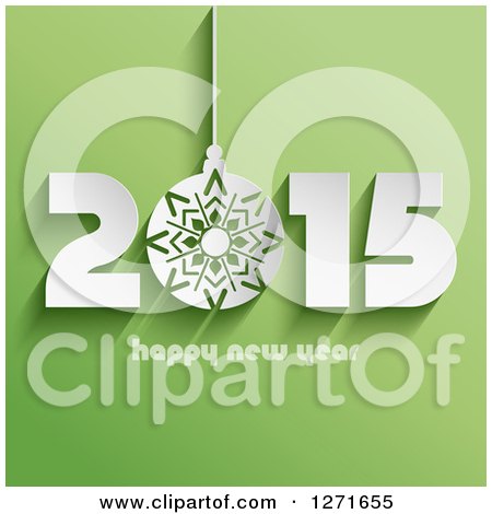 Clipart of a 3d White Bauble in 2015 Happy New Year Text on Green - Royalty Free Vector Illustration by KJ Pargeter