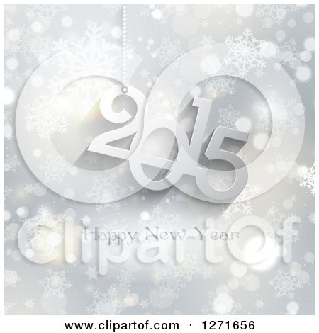 Clipart of a 3d Silver 2015 Happy New Year over Snowflakes and Bokeh - Royalty Free Vector Illustration by KJ Pargeter