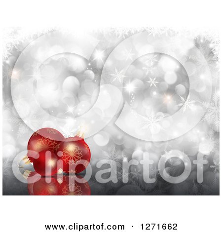 Clipart of a Christmas Background of 3d Red Baubles over Silver Bokeh and Snowflakes - Royalty Free Illustration by KJ Pargeter