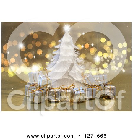 Clipart of a White Feather Christmas Tree and Gifs over Bokeh and Sparkles - Royalty Free Illustration by KJ Pargeter