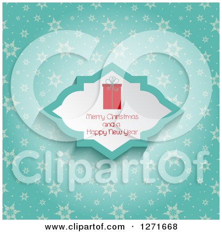 Clipart of a Gift and Merry Christmas and a Happy New Year Text over Blue with Snowflakes - Royalty Free Vector Illustration by KJ Pargeter