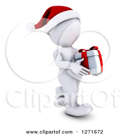 Clipart of a 3d White Man Carrying a Christmas Gift - Royalty Free Illustration by KJ Pargeter