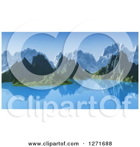 Clipart of a 3d Mountainous Coastline with a Still Lake - Royalty Free Illustration by KJ Pargeter