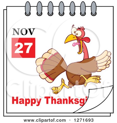 Clipart of a November 27th Happy Thanksgiving Day Calendar with a Running Turkey Bird - Royalty Free Vector Illustration by Hit Toon