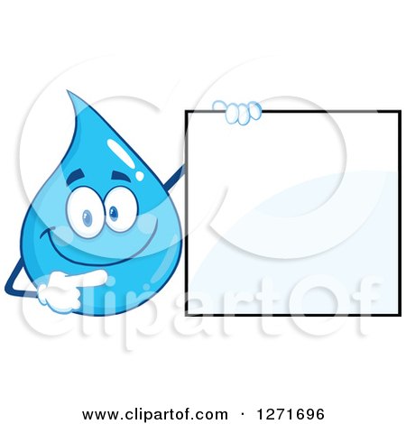 Clipart of a Happy Blue Water Drop Character Pointing to a Blank Sign - Royalty Free Vector Illustration by Hit Toon