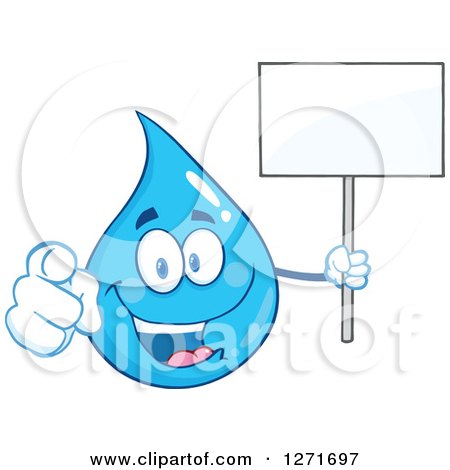 Clipart of a Happy Blue Water Drop Character Pointing at You and Holding a Blank Sign - Royalty Free Vector Illustration by Hit Toon