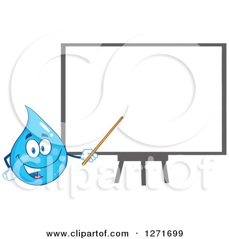 Clipart of a Happy Blue Water Drop Character Pointing to a Presentation Board - Royalty Free Vector Illustration by Hit Toon
