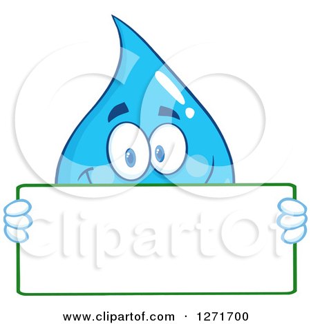 Clipart of a Happy Blue Water Drop Character Holding a Blank Sign - Royalty Free Vector Illustration by Hit Toon