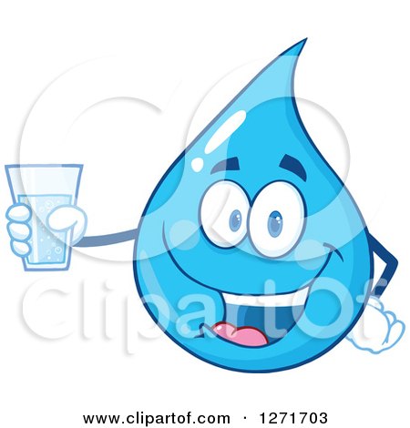 Clipart of a Happy Blue Water Drop Character Holding a Cup - Royalty Free Vector Illustration by Hit Toon