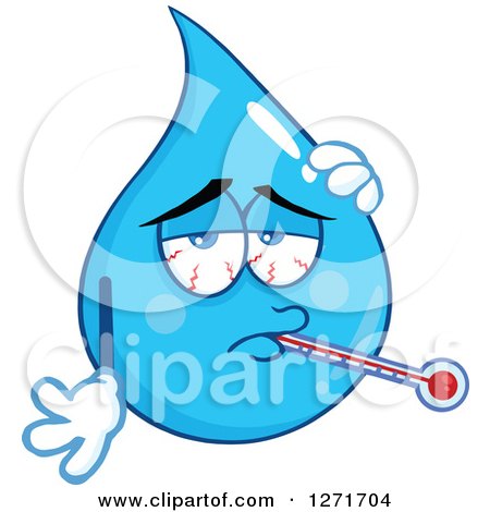 Clipart of a Sick Blue Water Drop Character with a Thermometer and Fever - Royalty Free Vector Illustration by Hit Toon