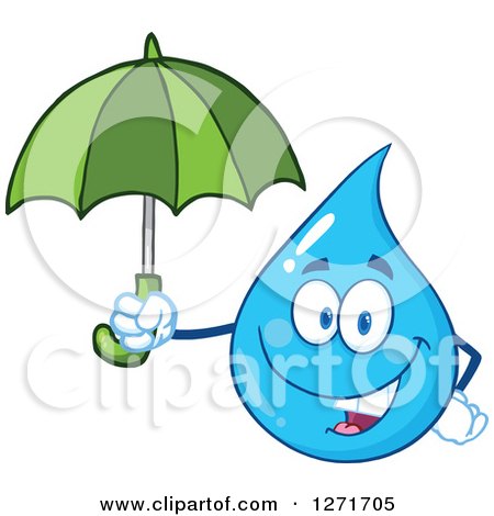 Clipart of a Happy Blue Water Drop Character Holding an Umbrella - Royalty Free Vector Illustration by Hit Toon