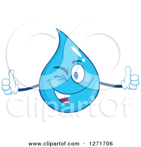 Clipart of a Happy Blue Water Drop Character Winking and Holding Two Thumbs up - Royalty Free Vector Illustration by Hit Toon