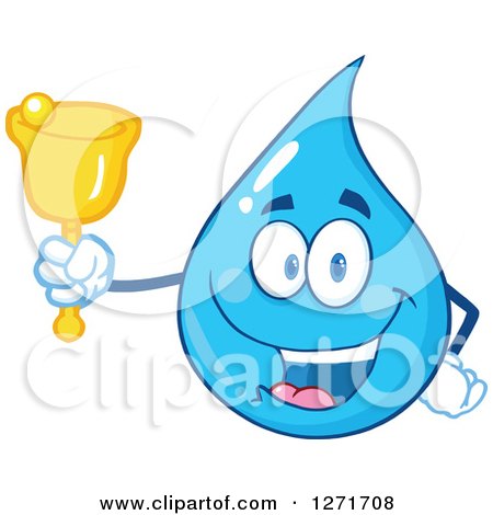 Clipart of a Happy Blue Water Drop Character Ringing a Charity Bell - Royalty Free Vector Illustration by Hit Toon