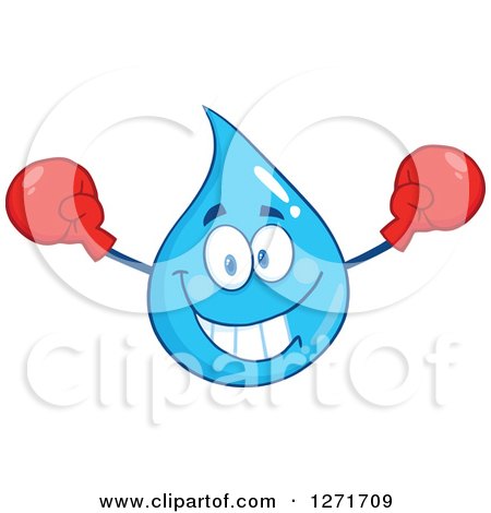 Clipart of a Happy Blue Water Drop Character Cheering with Boxing Gloves - Royalty Free Vector Illustration by Hit Toon