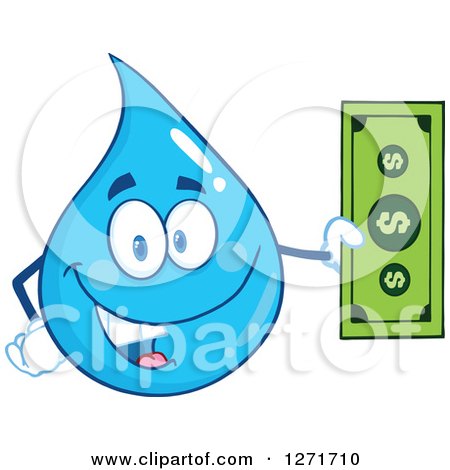 Clipart of a Happy Blue Water Drop Character Holding Cash Money - Royalty Free Vector Illustration by Hit Toon