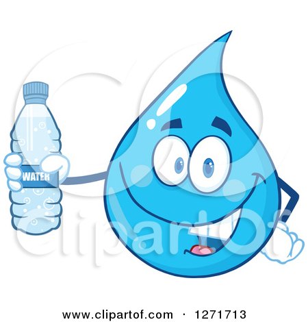 Clipart of a Happy Blue Water Drop Character Holding a Bottle - Royalty Free Vector Illustration by Hit Toon