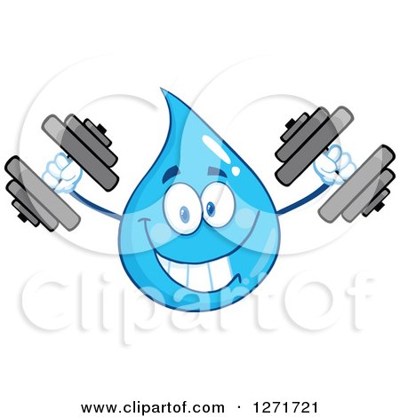 Clipart of a Happy Blue Water Drop Character Working out with Dumbbells - Royalty Free Vector Illustration by Hit Toon