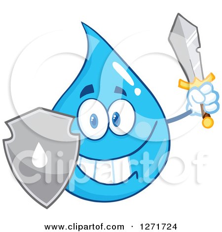 Clipart of a Happy Blue Water Drop Character with a Shield and Sword - Royalty Free Vector Illustration by Hit Toon