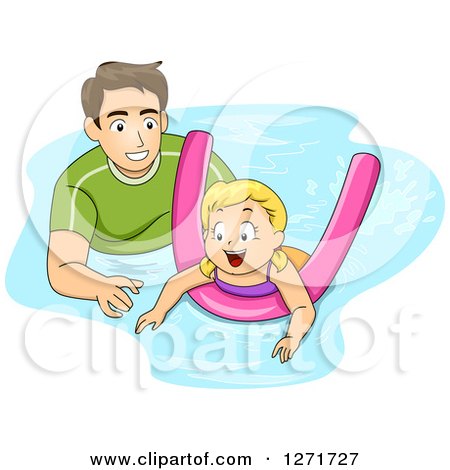 Clipart of a Brunette White Father or Coach Teaching a Girl How to Swim with a Noodle - Royalty Free Vector Illustration by BNP Design Studio