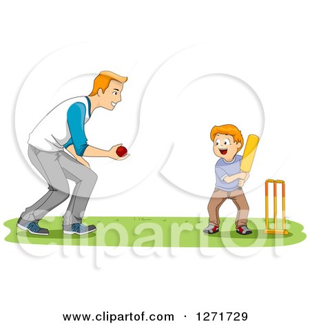 Clipart of a Happy Red Haired White Father Teaching His Son How to Play Cricket - Royalty Free Vector Illustration by BNP Design Studio