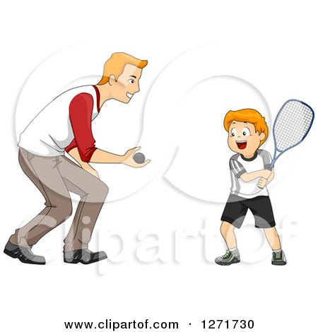 Clipart of a Happy Red Haired White Father Teaching His Son How to Play Squash - Royalty Free Vector Illustration by BNP Design Studio