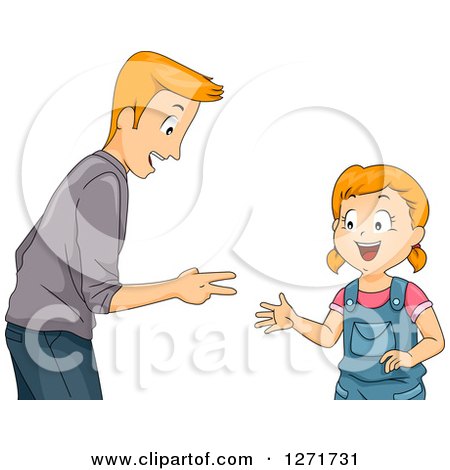 Clipart of a Happy Red Haired White Father and Daughter Playing Rock Paper Scissors - Royalty Free Vector Illustration by BNP Design Studio