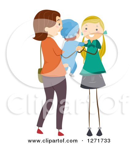 Clipart of a Brunette White Stick Mother Handing Her Baby to a Female Babysitter - Royalty Free Vector Illustration by BNP Design Studio