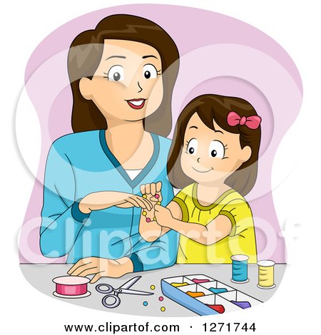 Clipart of a Brunette White Mother and Daughter Making Jewelry - Royalty Free Vector Illustration by BNP Design Studio