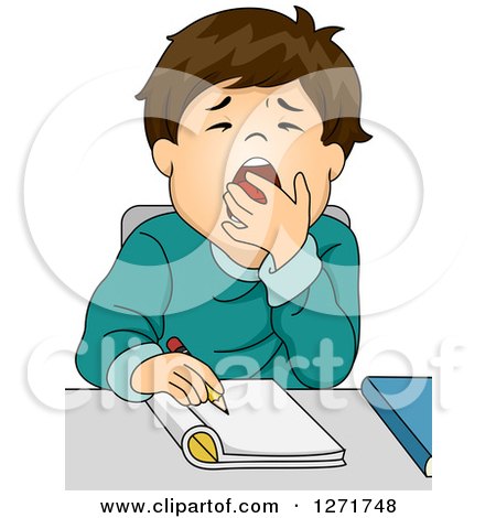 Clipart of a Tired Brunette White School Boy Writing at His Desk - Royalty Free Vector Illustration by BNP Design Studio
